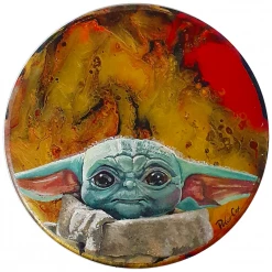 Hero Stash Artwork - Acyrlic Painting Liquid Pour 7.5" Diameter - 'Baby Yoda'