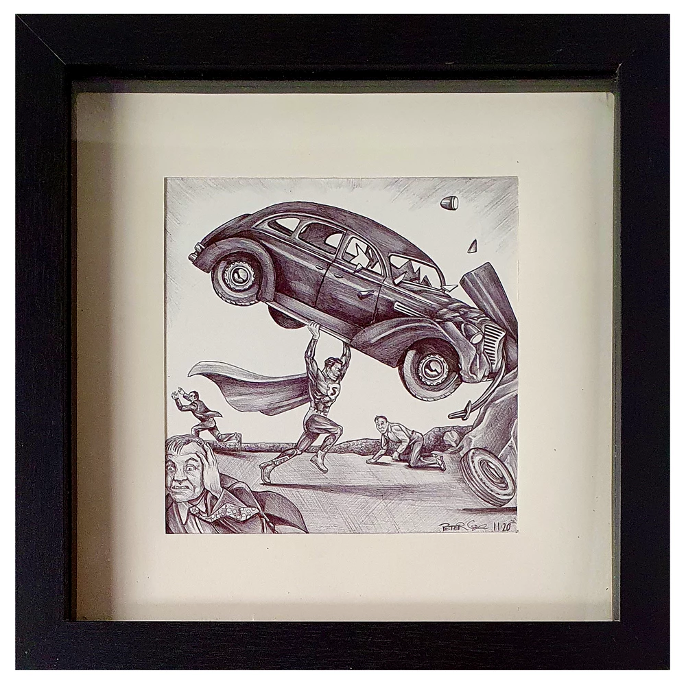 Hero Stash Artwork - Fine Art Bio Pen Sketch 5.5"x5.5" With Frame - 'Birth Of Superman' 1 Hero Stash Artwork - Fine Art Bio Pen Sketch 5.5"x5.5" With Frame - 'Birth Of Superman'